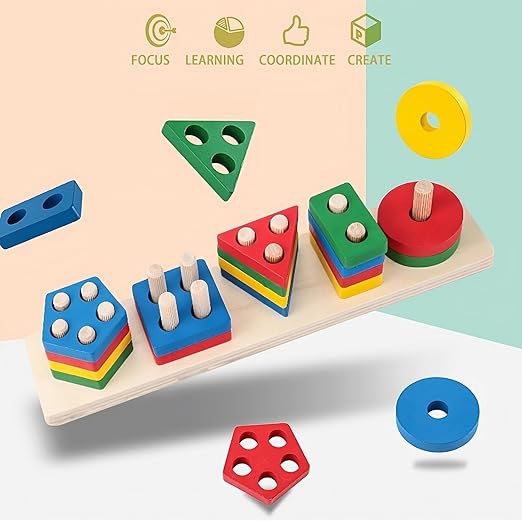Wooden 5 Angle Geometric Blocks Building Stacker