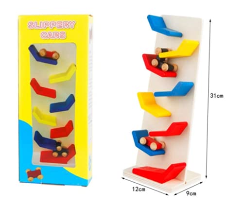 Wooden Small Slippery Cars Race Track playset- Multi Color