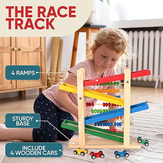 Car Track with a Wooden Abacus Toy for Kids Math -