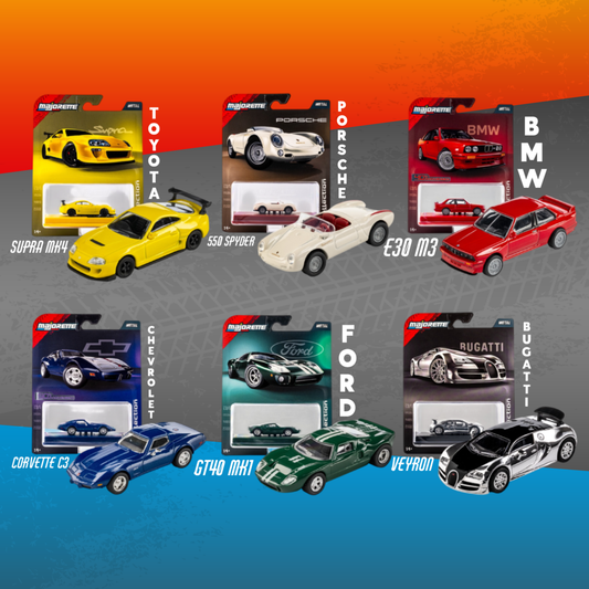 Majorette Collection Bundle: Set of 6 Classic & Supercar Diecast Models (Porsche, Ford, Toyota, BMW, Corvette, Bugatti)