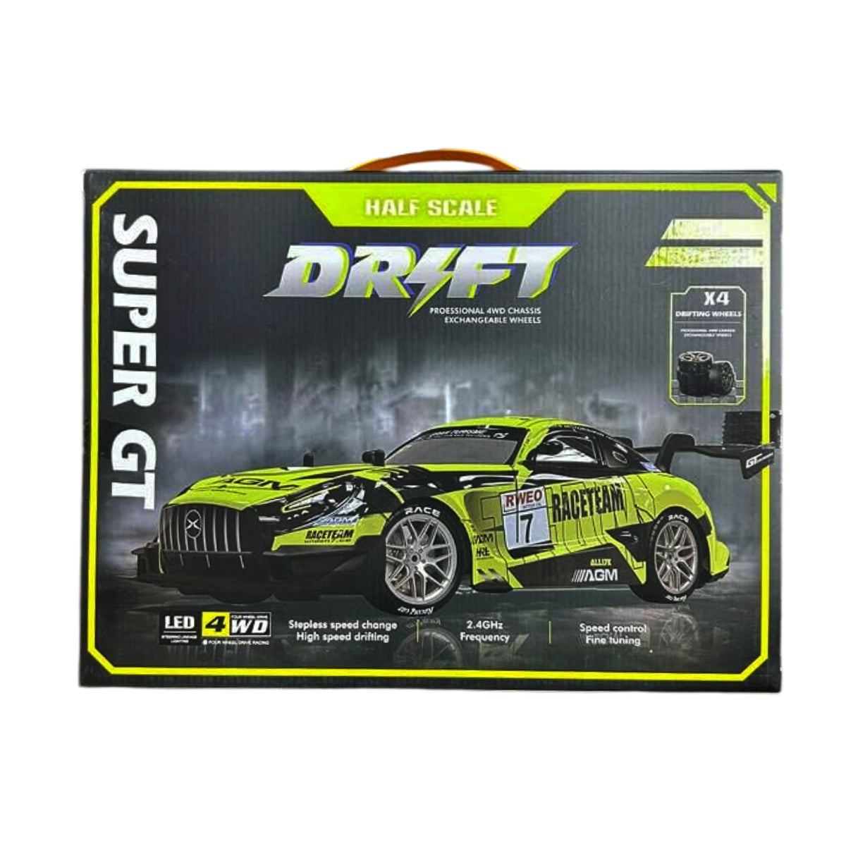 Super GT 1:16 4WD High-Speed Remote Control Drift Car with LED Headlights & Extra Drifting Tires (2.4GHz)