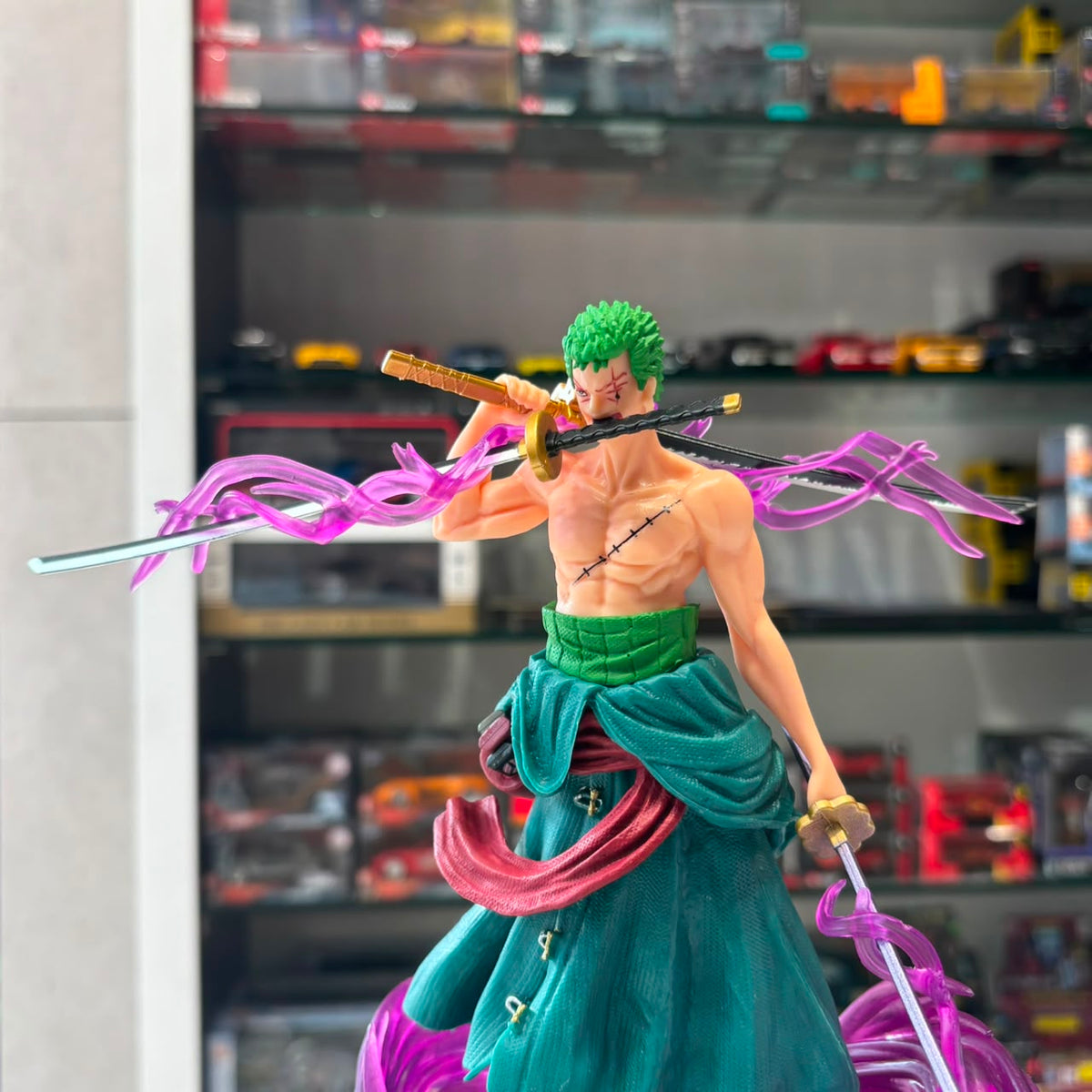 One Piece Roronoa Zoro King of Hell Three-Sword Style Action Figure with Purple Aura Effects