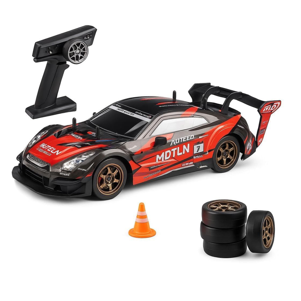 Super GT 1:16 4WD High-Speed Remote Control Drift Car with LED Headlights & Extra Drifting Tires (2.4GHz)