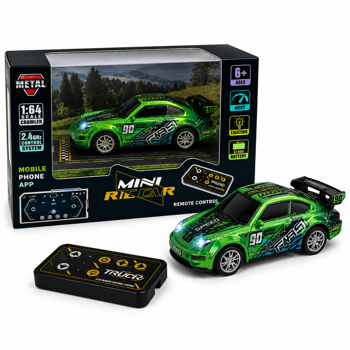 Mini Diecast RC Racecar with 2.4GHz Controller & LED Lights (Green)