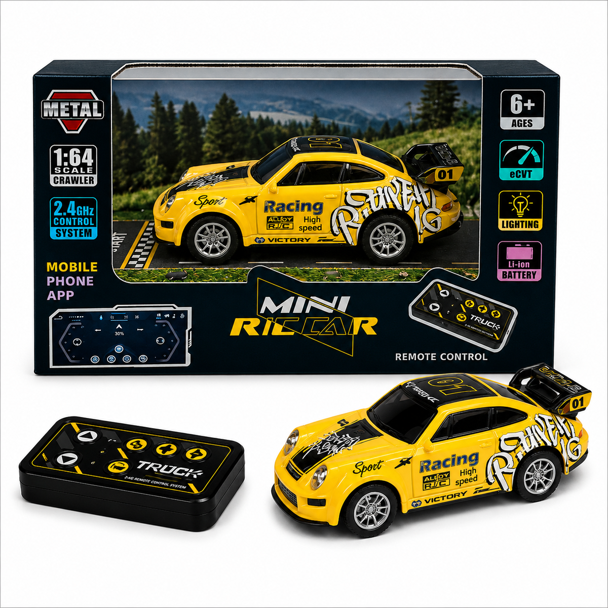 Mini Diecast RC Racecar with 2.4GHz Controller & LED Lights (Yellow)
